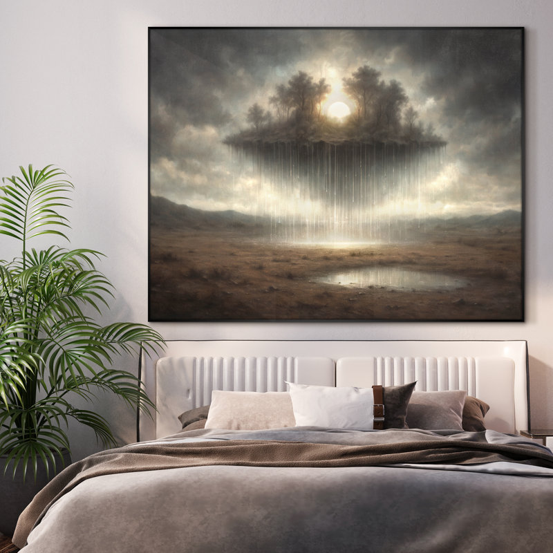 Très grande reproduction d'art sur toile - Île flottante avec lumière cascade et ciel dramatique, décoration pour le salon ou la chambre à coucher - «Assemblage requis du cadre (cadre non fini)»