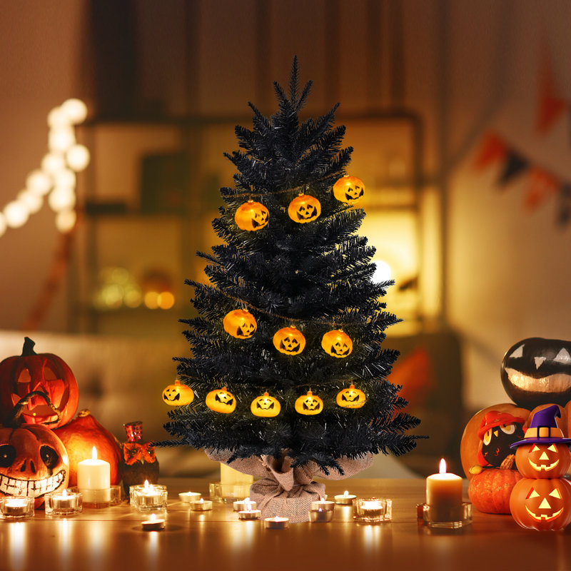 Arbre d'Halloween noir sur table noir avec base en toile de jute, 3' H