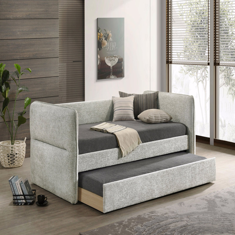 1Pc Modern Daybed Pull Out Trundle Button Tufted Nailhead Trim Bedroom Living Room Furniture, Light Gray