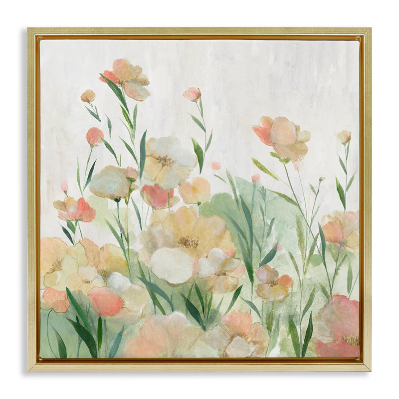 «Blush Florals Meadow», art mural encadré par Floater, H 18 po x l 18 po, Cadre flottant métallique doré