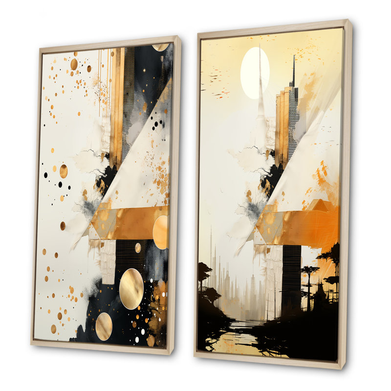 Ensemble de 2 reproductions d'art murales grises et dorées, "Collages abstraits", Encadrement brun, H 40 po x l 41 po