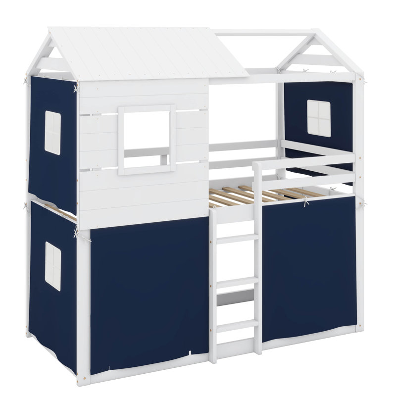 Twin-Sized Wooden Bunk Bed, Cottage-Style Bed With Windows And Play Tent, Low Loft Bed Frame With Secure Guardrail, Twin