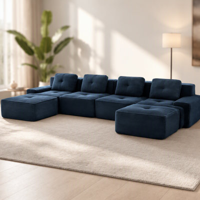 Canapé modulaire en forme de L de 153 pouces avec tissu velours côtelé, canapé 4 places, assise profonde et repose-pieds mobile