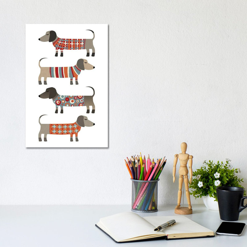 Sausage Dogs In Sweaters by Nic Squirrell - Wrapped Canvas Gallery-Wrapped Canvas Giclée, 20.32 cm H x 30.48 cm W
