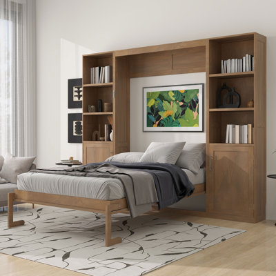Queen Size Wooden Murphy Bed with Storage Shelves & Cabinets – Space-Saving Wall Bed