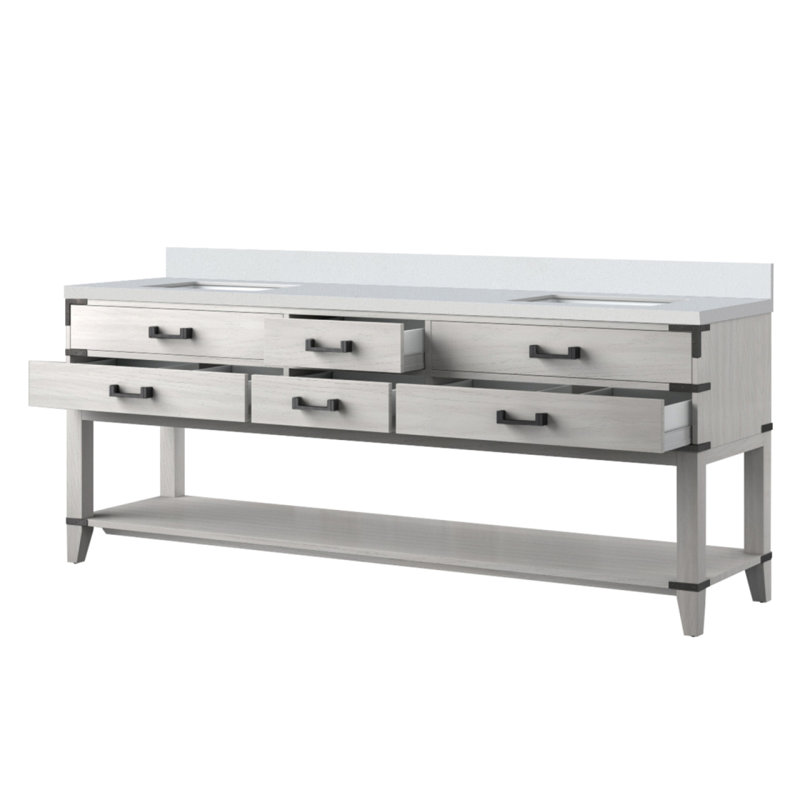 Meuble-lavabo double en chêne blanc 84 po X P 22 po D, avec plateau en quartz blanc, 84", Chêne blanc