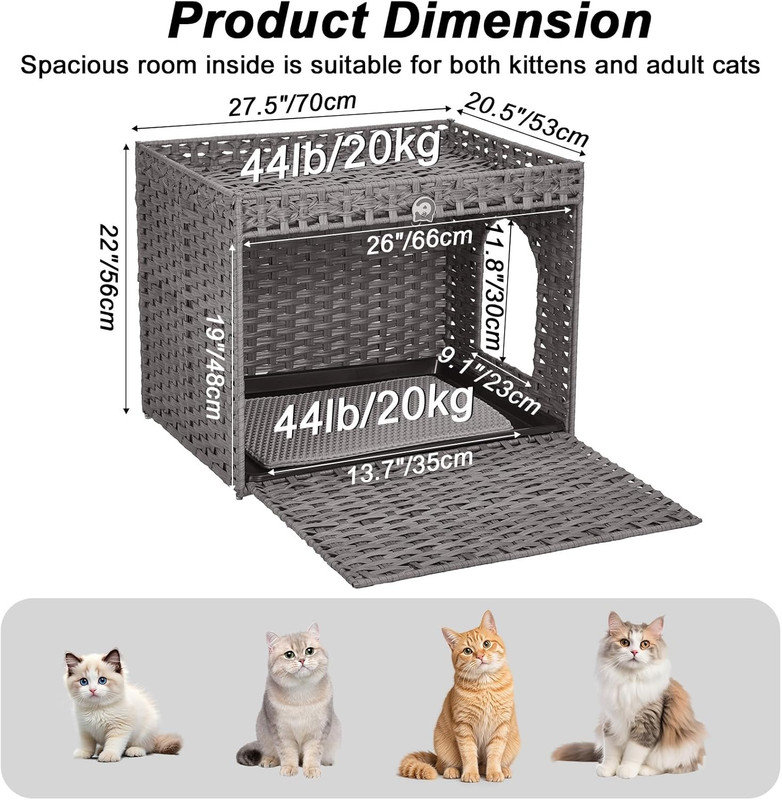Enceinte pour litière en rotin Boho - table de bout cachée avec tapis amovible, grande caisse pour animaux de compagnie, Gris