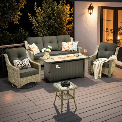 Emanuell 5 - Person Wicker Outdoor Conversation Set, Patio Sofa & Swivel Chair Set with Fire Pit and Cushions