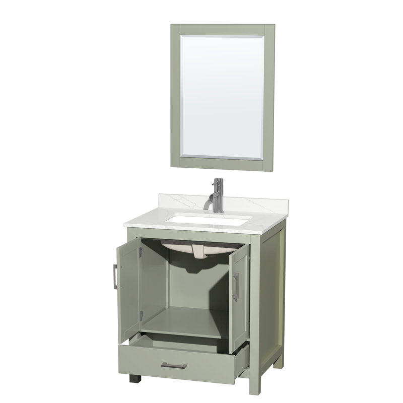 Ensemble de meuble-lavabo simple autoportant 30 po avec plateau en quartz Sheffield et miroir 24 po, Vert, Nickel brossé