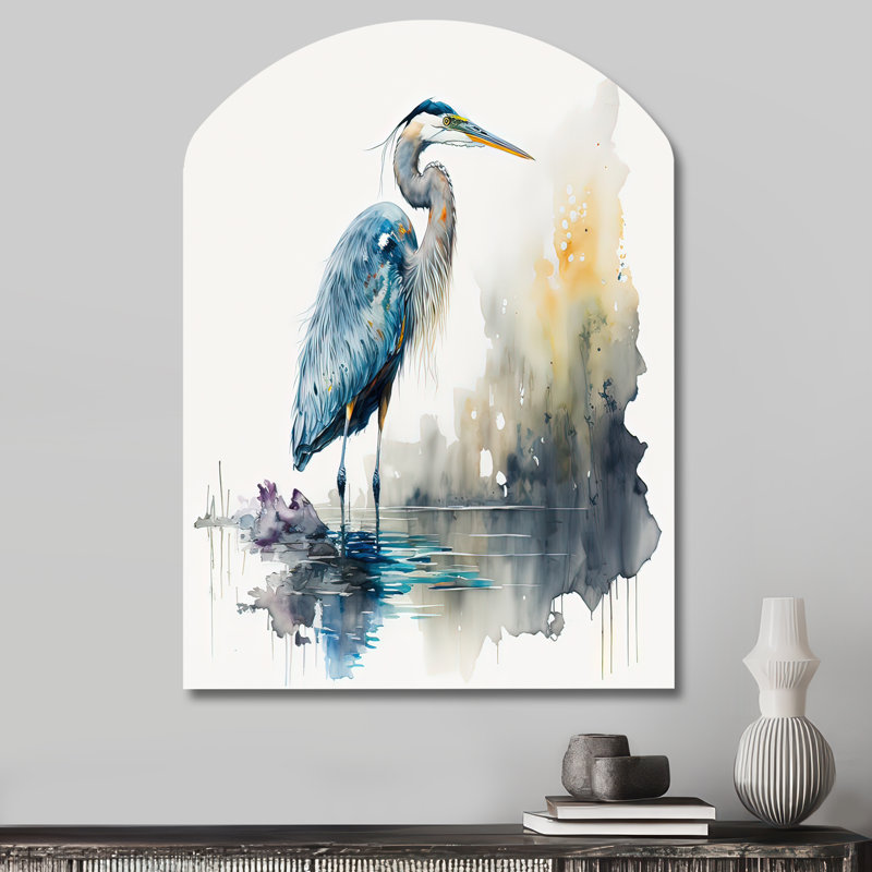 Mignon héron dans un lac, art floral III - héron asymétrique, art mural en métal, H 34 po x l 25 po