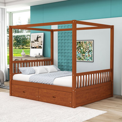 Two Drawers Wooden Canopy Bed with Slats