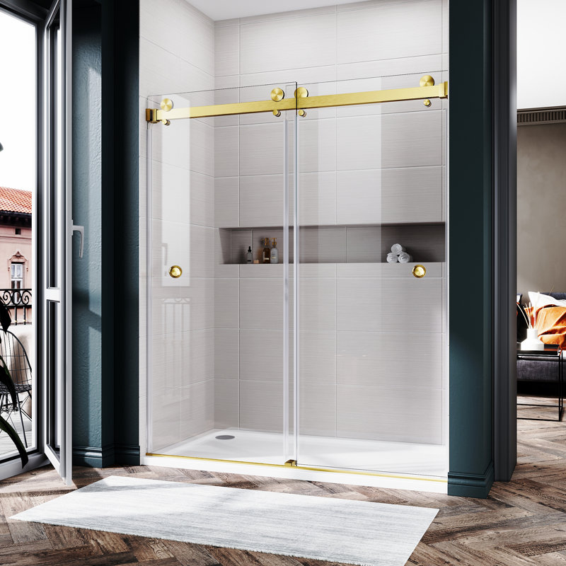 Royal 56 to 60 in. x 72 in. H Frameless  Double Sliding Shower Door with Two Finger Pulls in Satin Brass and 3/8 in. (10mm) Clear Glass