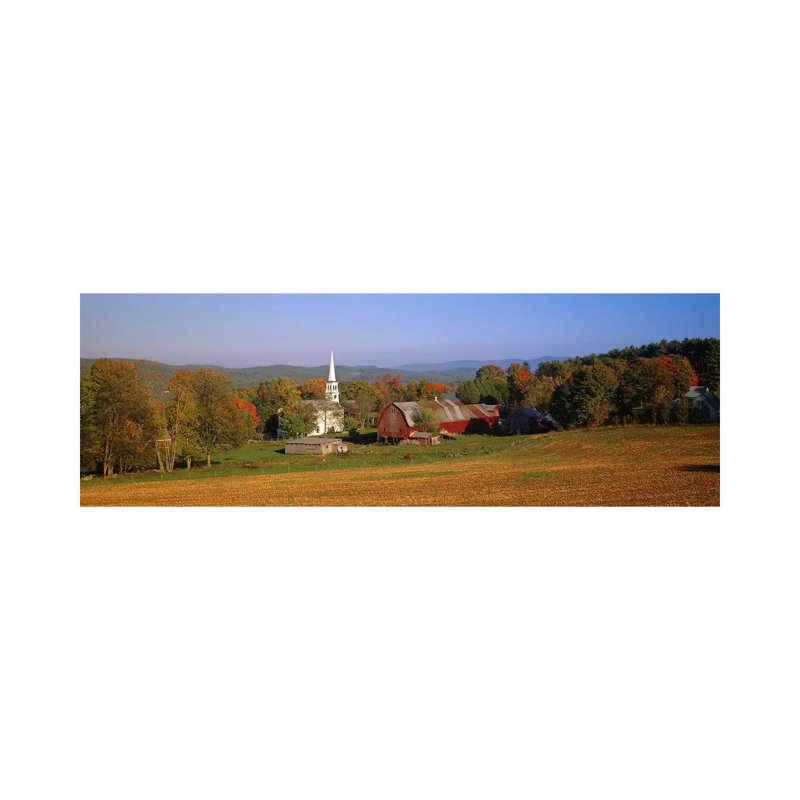 Church And A Barn In A Field, Peacham, Vermont, USA - Wrapped Canvas Panoramic Print, 30.48 cm H x 91.44 cm W x 1.91 cm D