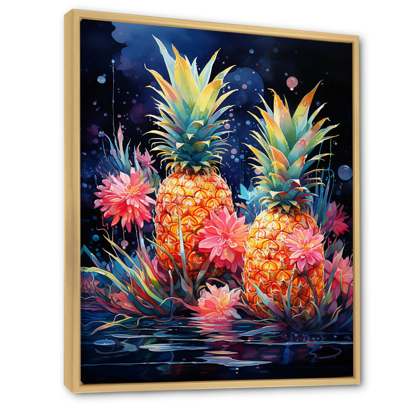 Vert et jaune, ananas cosmique IV - ananas, art mural, Cadre flottant brun, 20" H x 12" W