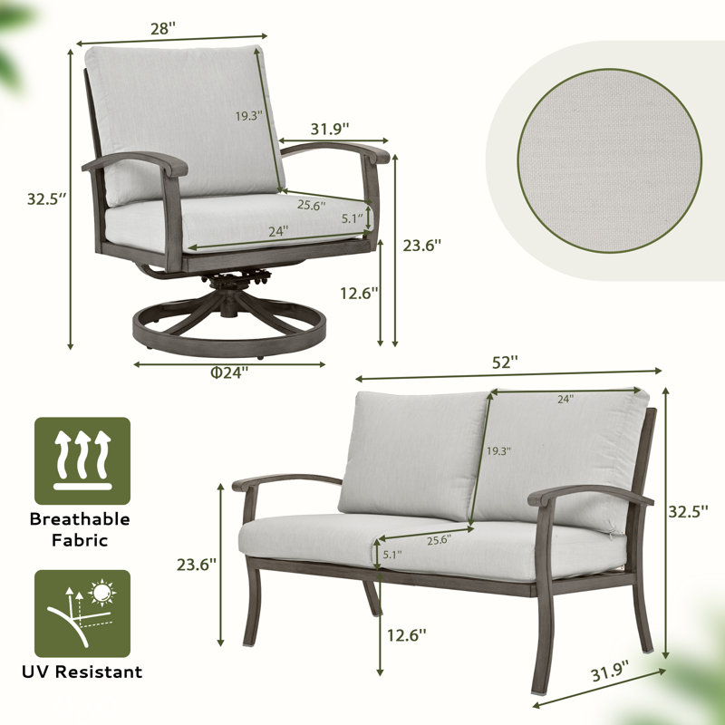 6-Piece Aluminum Patio Conversation Set With Coffee Table, Ottomans And Light Gray Cushions
