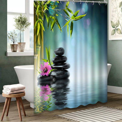 Zen Garden Bamboo Tower Black Stone Shower Curtain with 12 Hooks