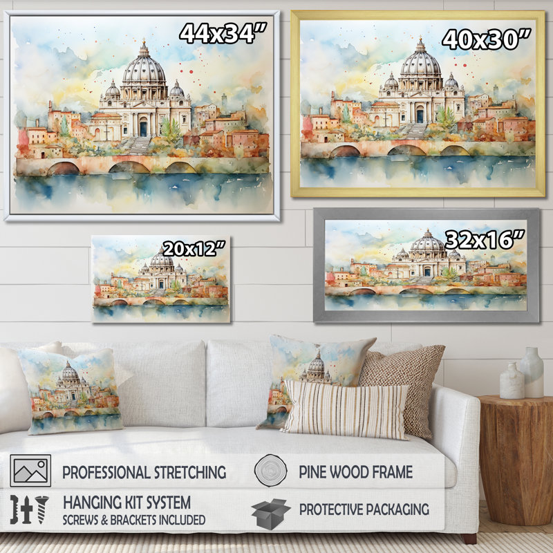 Art mural, sérénité III, Rome,  H 12 po x l 20 po x P 1 po, Cadre flottant brun