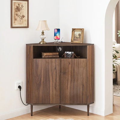 Mid-Century Corner Cabinet with Charging Station, Adjustable Shelf & Soft-Close Hinges