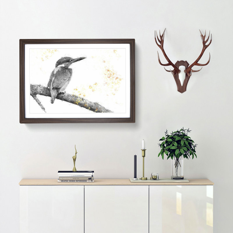 Kingfisher Bird on a Branch - Picture Frame Painting Print, Walnut Framed, 24cm H x 33cm W x 2cm D