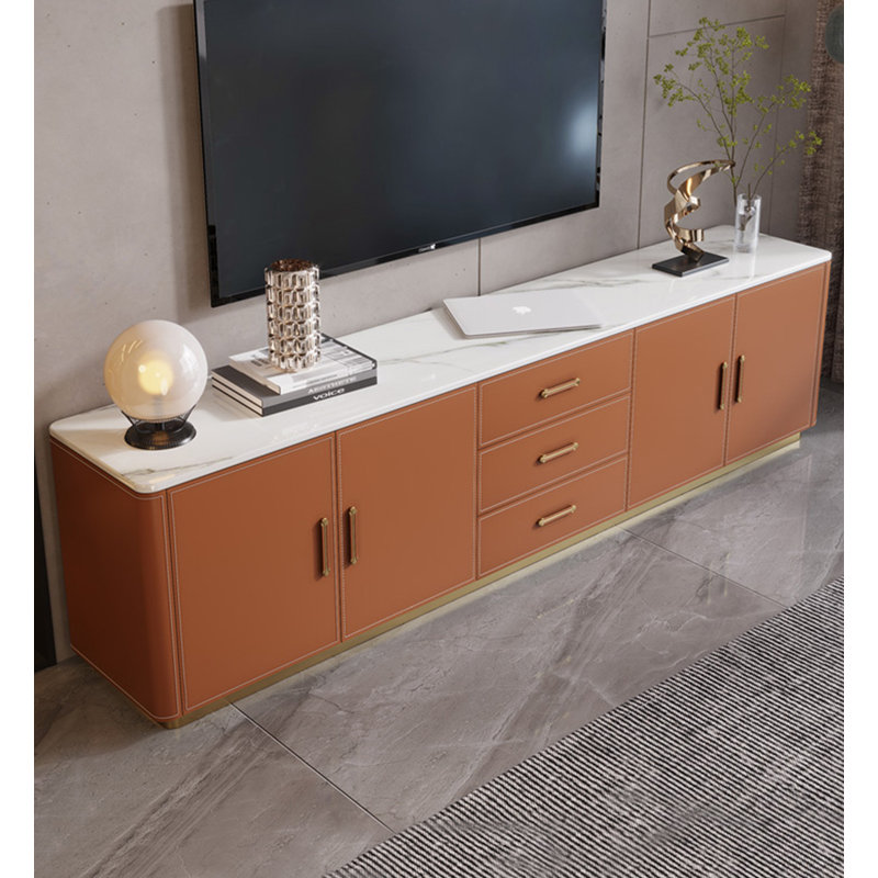Meuble télé moderne avec cadre en cuir orange pour salon, 23.62" H x 94.49" W x 13.78" D