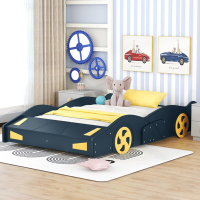 Lit plateforme pour voiture de course bleu foncé et jaune - construit avec rangement pour le confort de la chambre à coucher