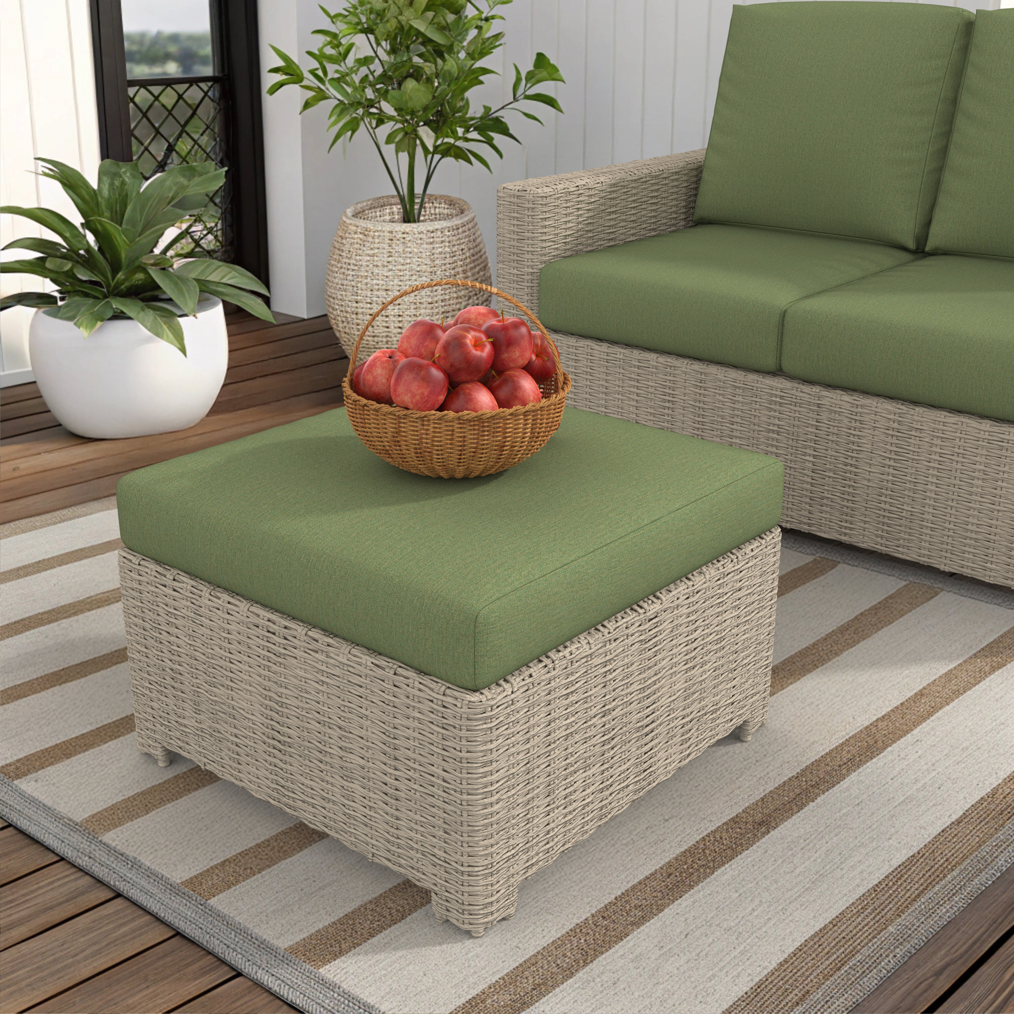 Outdoor Ottoman With Sunbrella Cushions, Canvas Fern