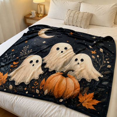Halloween Themed Throw Blanket, Cute Ghost and Pumpkin Pattern, Cozy Plush Blanket for Sofa Couch Bedroom Living Room Home Decoration