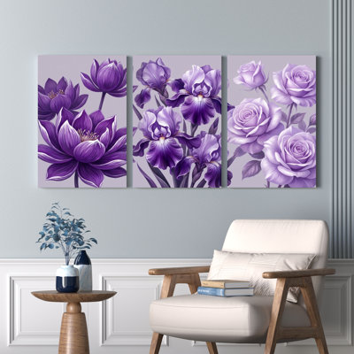 Purple Floral Lotus Iris And Rose Canvas Wrapped Wall Art Oil Painting Print Set Of 3 For Living Room Bedroom Or Home Decor