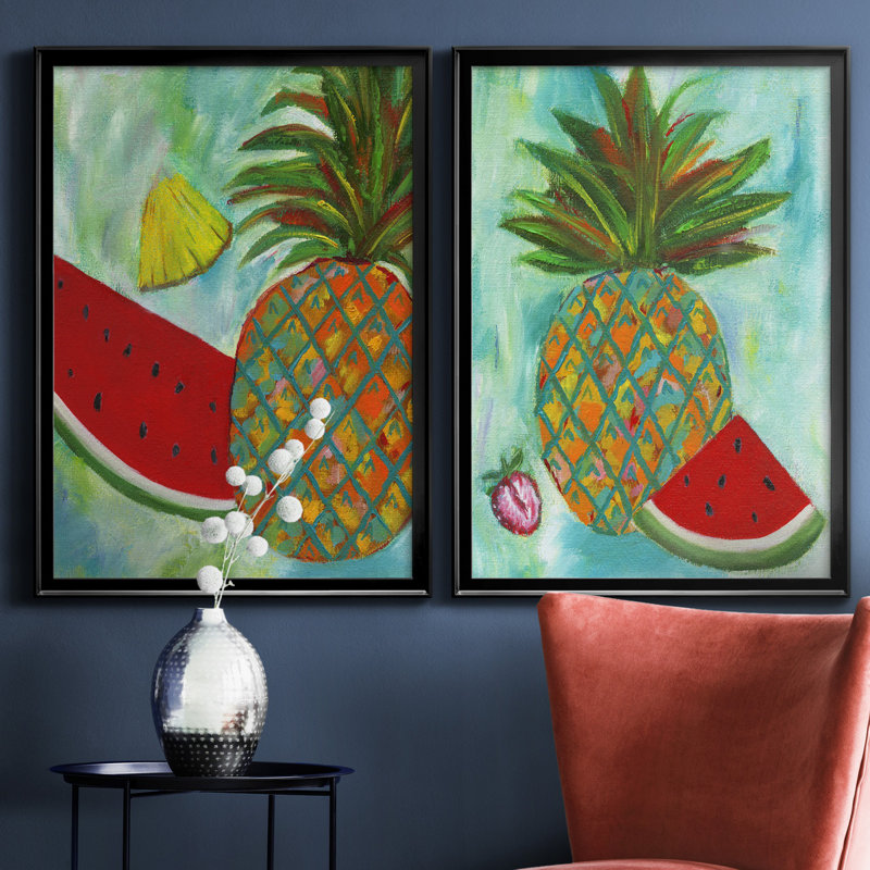Ananas et melon d'eau I - ensemble de 2 reproductions d'art, H 18,5 po x l 49 po x P 1,5 po, Toile avec cadre noir