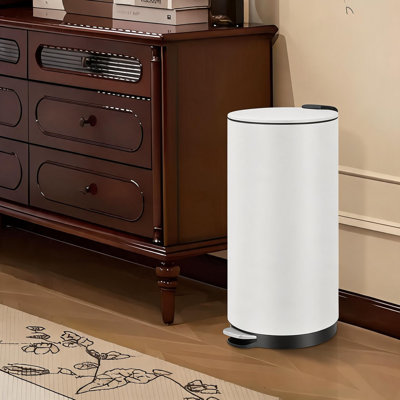 30 Liter Round Kitchen Trash Can, 8 Gallon Compact Rubbish Bin with Soft-Close Lid and Foot Pedal, Stainless Steel Waste Container with Removable Inner Bucket for Bathroom, Living Room, White