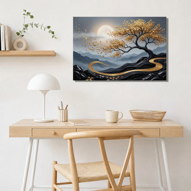 Tableau sur toile « Arbre doré et montagnes au clair de lune », 12"H x 18"W