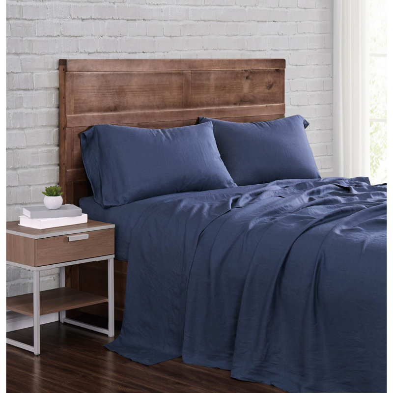Ensemble de draps en lin Nena Aybar, Ensemble de draps pour très grand lit avec 2 taie, Bleu marine