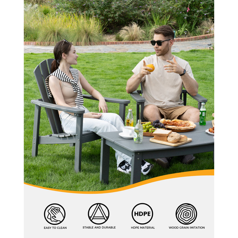3-piece Hdpe Adirondack Patio Furniture Set - 2 Stackable Chairs & Large Side Table, All-weather, Wood-grain Finish, Gray