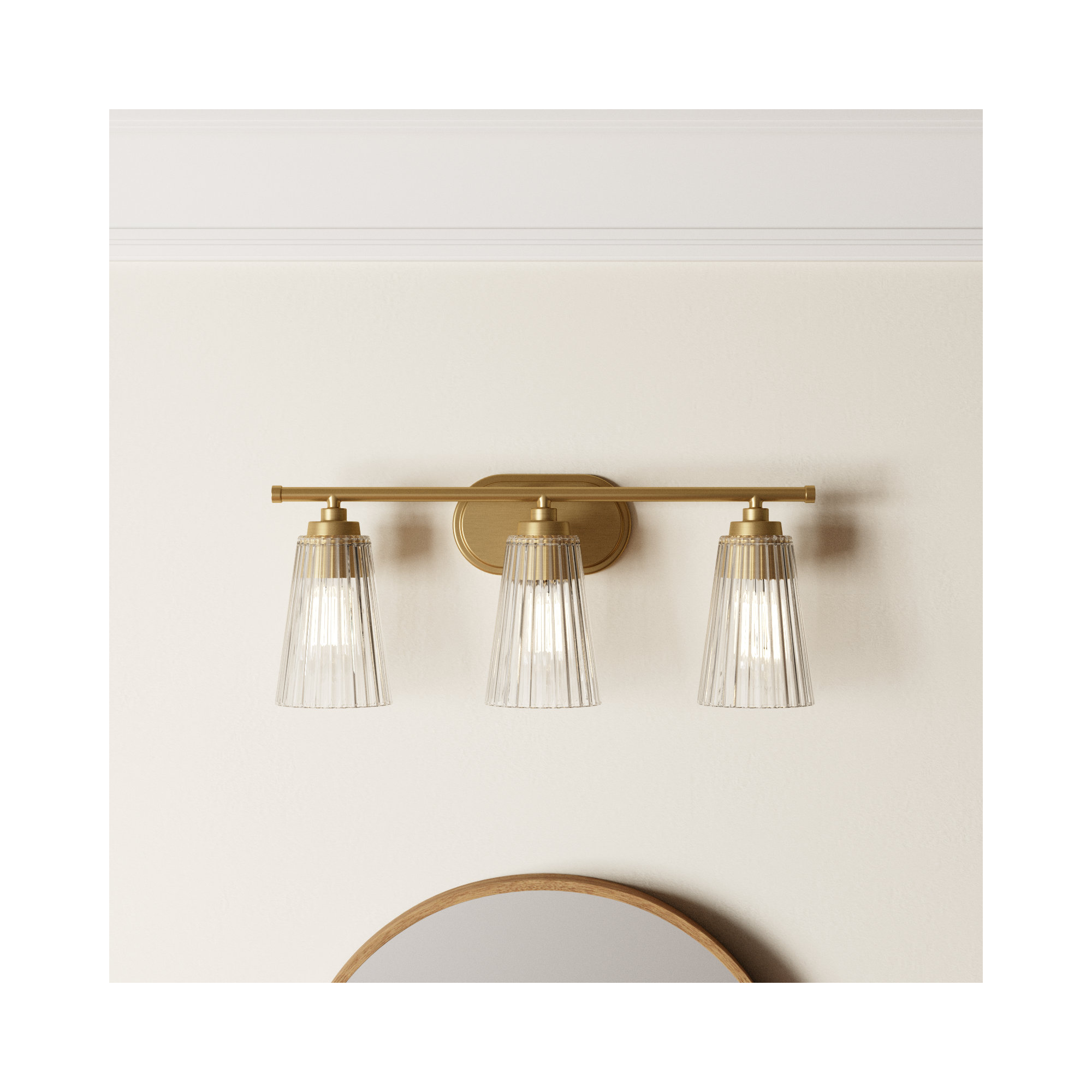 Jeanie Ribbed Dimmable Bath Sconce, Brass, 3 Lights, 10" H x 22" W x 22" D