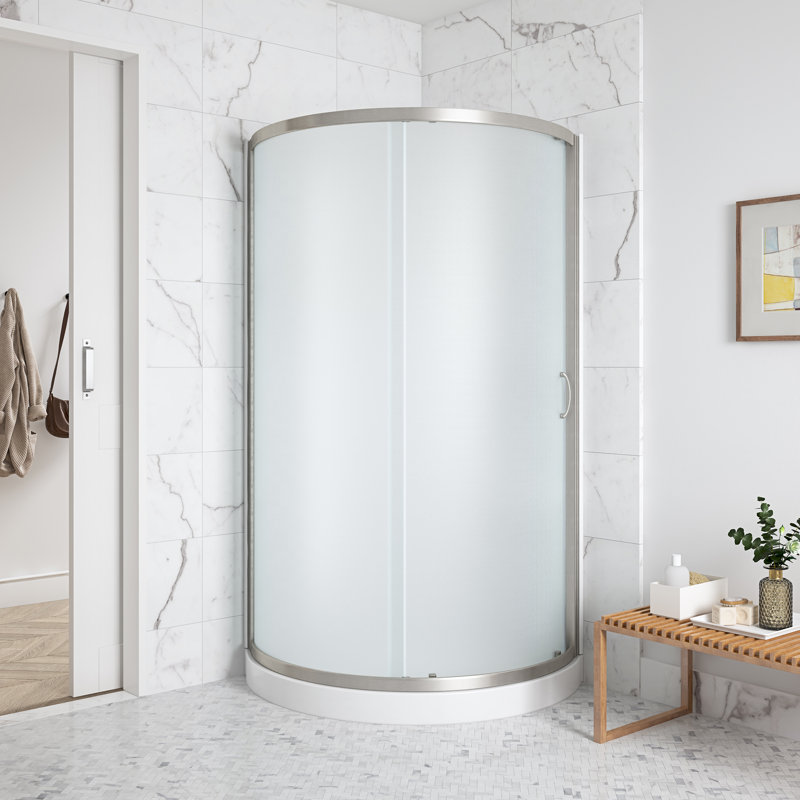 Breeze 33 in. L x 33 in. W x 76.18  in. H Round Corner Shower Kit in Satin Nickel, Frosted Sliding Door, Walls and Pan
