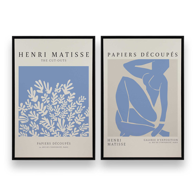 Ensemble de 2 Matisse La Gerbe et Blue Nude, H 12 po x l 18 po, Cadre flottant noir satiné