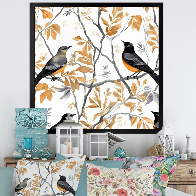 Oiseaux bruns noirs sur arbres - reproduction, Cadre flottant noir, H 30 po x l 30 po x P 1 po