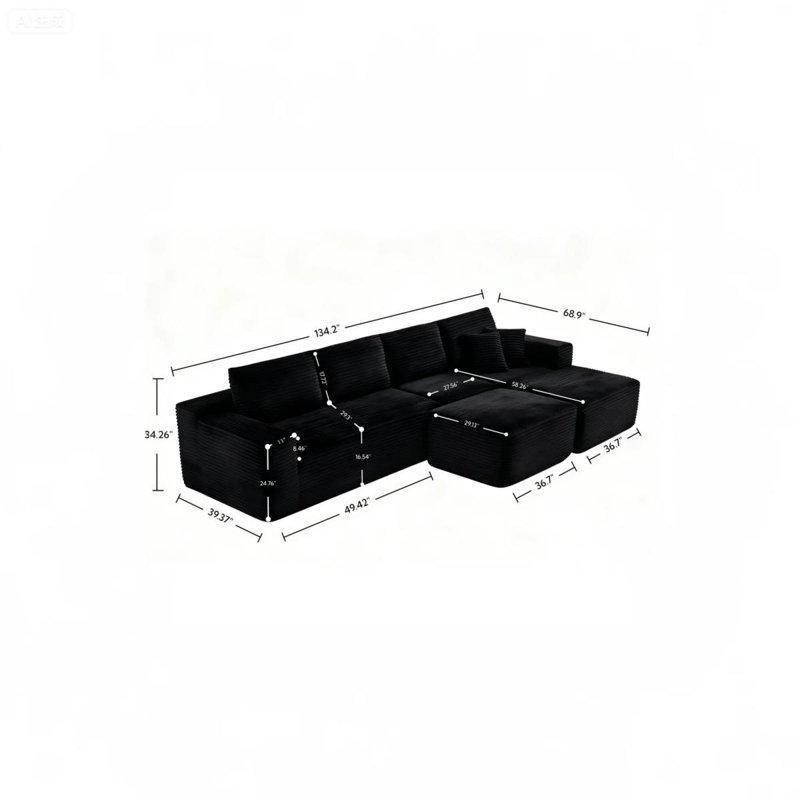 Canapé modulaire de forme basse en L de 134 po avec repose-pieds 4 places, 134 po, Noir, Orienté à droite