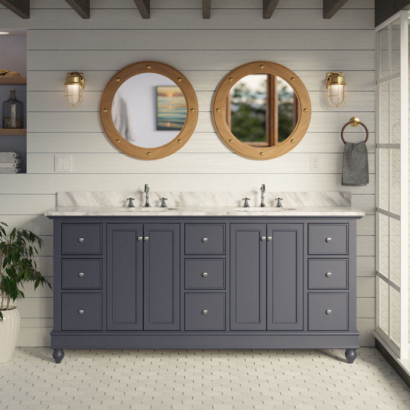 Ensemble de meuble-lavabo double 72 po Ferdinand, Gris marine, Marbre de Carrare