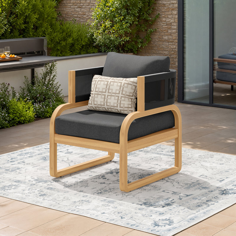 Acacia Solid Wood Outdoor Lounge Chair With Cushions & Sunbrella Pillow, Sunbrella, Spectrum Carbon/Brown