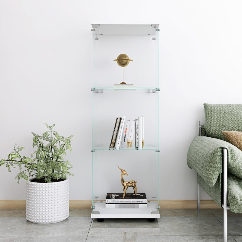 Vitrine à 3 tablettes en verre blanc avec une porte - plancher pour installation de bureau, chambre à coucher et salon
