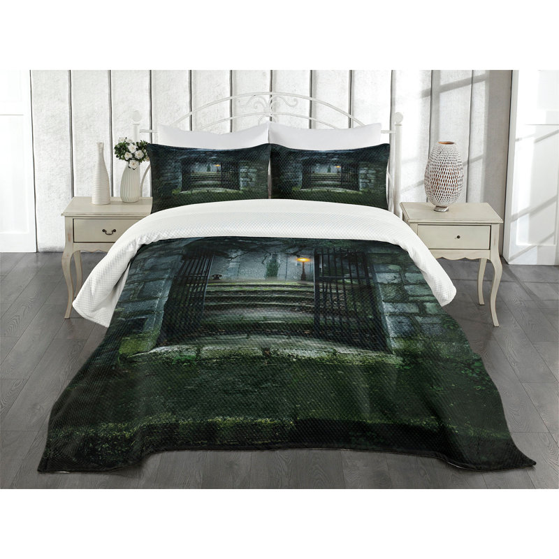 Ambesonne Gothic Bedspread Set Dark Haunted Castle Green Grey, King Coverlet / Bedspread + 2 Standard Shams