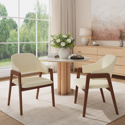 Ensemble de 2 chaises de salle à manger rembourrées avec accoudoirs, chaises en tissu de style moderne Mid-Century, dossier incurvé ergonomique et structure en bois