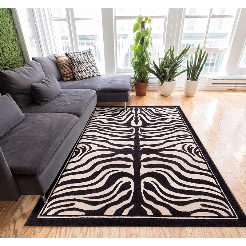 tapis intérieur/extérieur noir/blanc à imprimé zèbre Preece, Rectangulaire 8 pi x 11 pi
