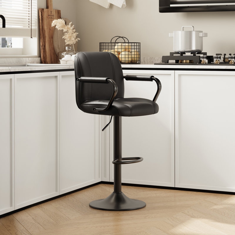 Tavion Adjustable Swivel Faux Leather Bar Stool with Armrests and Footrest, Black, Black