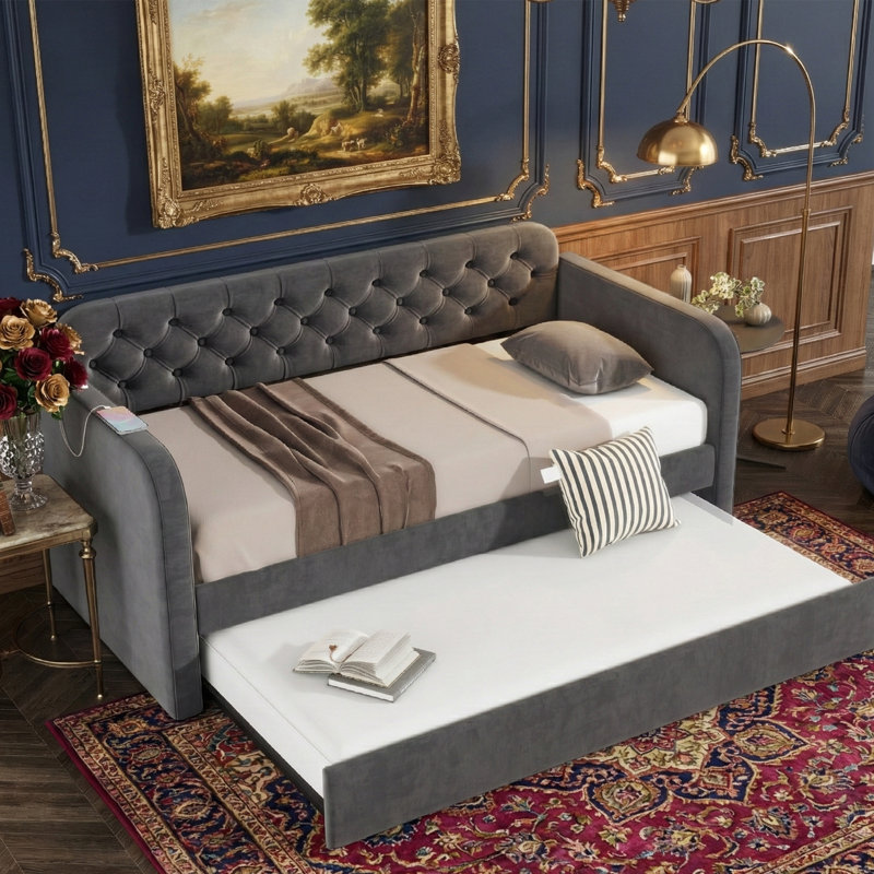 81.7'' L Twin Daybed With Trundle - Dark Grey Velvet, USB Charging, 600 Lbs Capacity, Dark Gray
