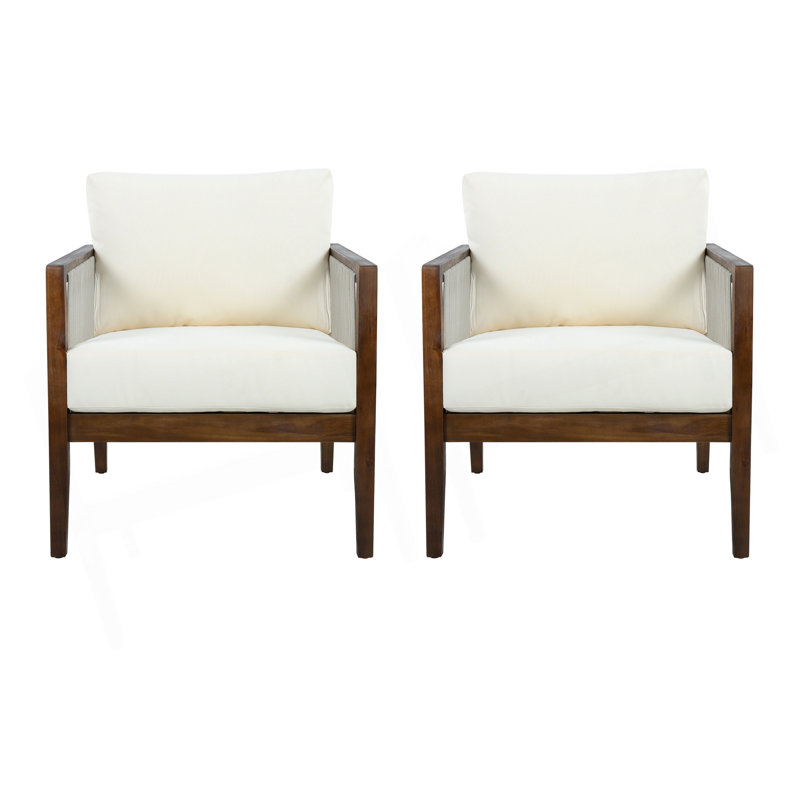 Chaises club d'extérieur (ensemble de 2), structure en bois d'acacia avec dossier en corde, coussins beiges hydrofuges pour patio / cour arrière / terrasse