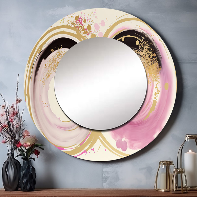 Ovida rose et doré Curves III - miroir spirales abstraites, miroir mural rond rose unique, impression sur métal