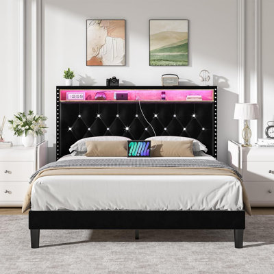Velvet Upholstered Platform Bed with Storage Headboard and Charging Station,Bed Frame with Diamond Design and LED Lights by Wrought Studio