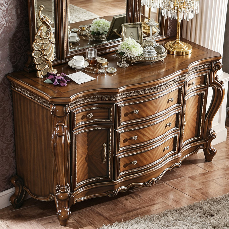 Commode vintage en bois massif à 5 tiroirs, 2 portes et détails sculptés